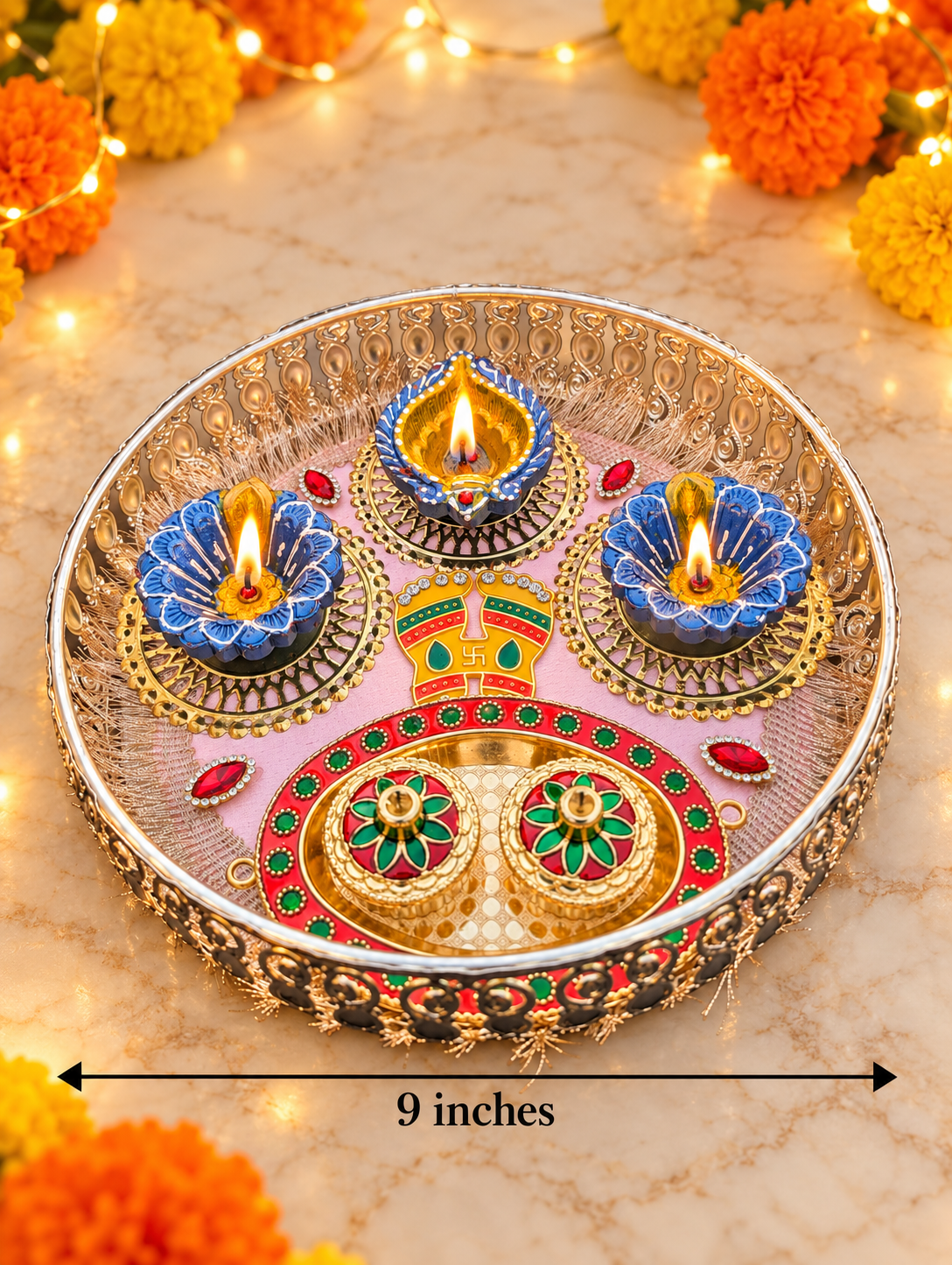 Jeweled Aarti Thali – Handmade Decorated Metal Puja Plate, 9 in