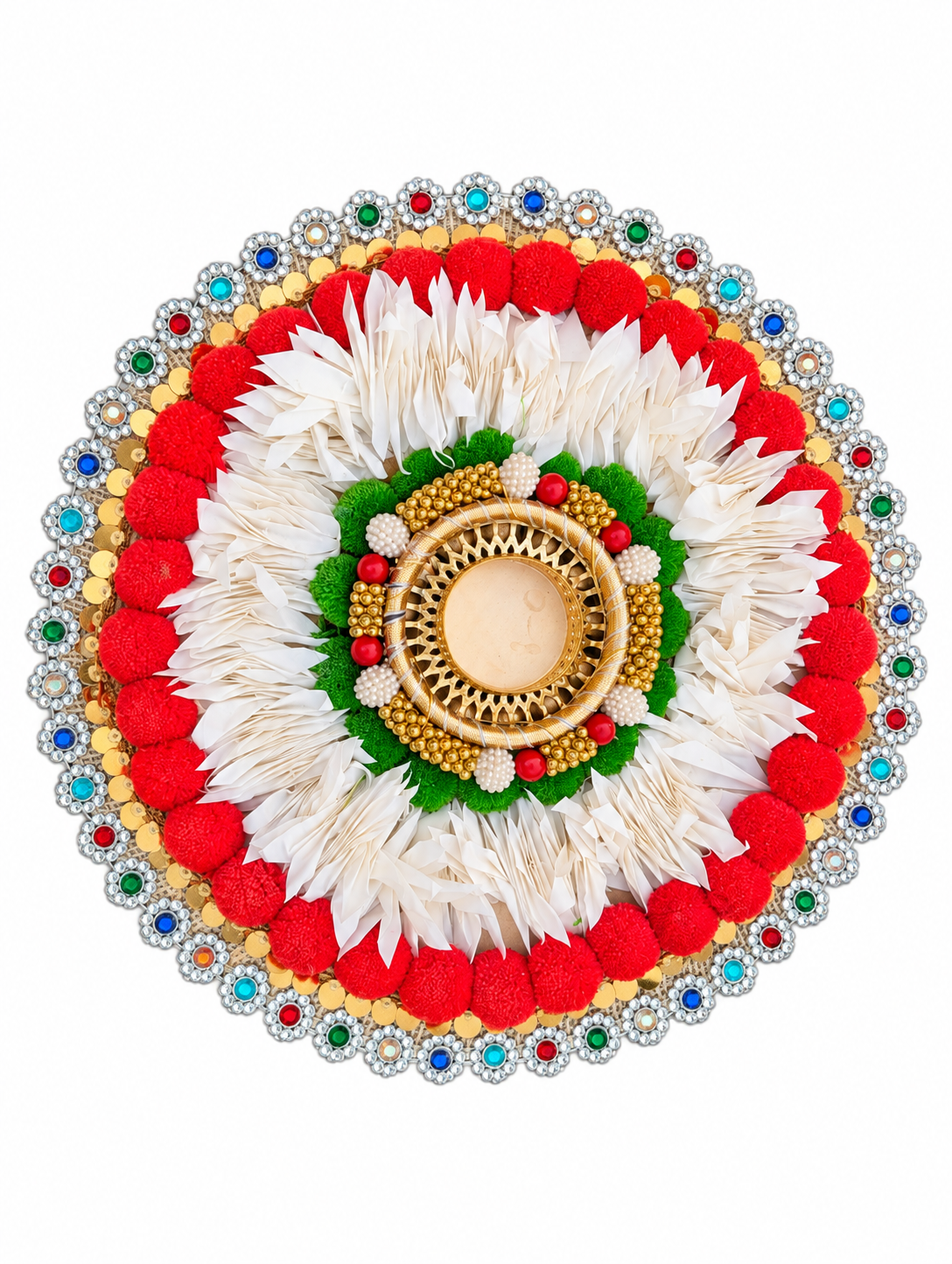Red & White Pompom Rangoli – Handmade Diwali Tealight Centerpiece, 25 in