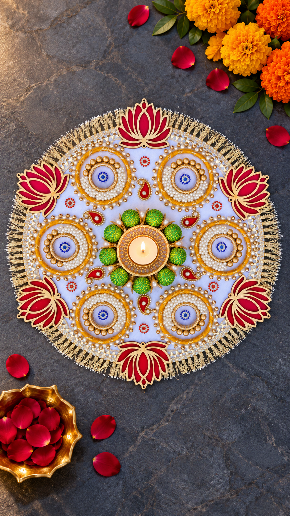 Lotus Halo Rangoli – Ivory & Gold Diwali Tealight Centerpiece, 14 in