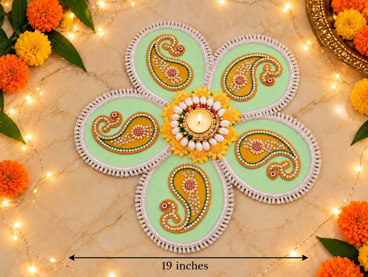 Light Green Paisley Rangoli – Handmade Five-Petal Diwali Tealight Decor, 19 in