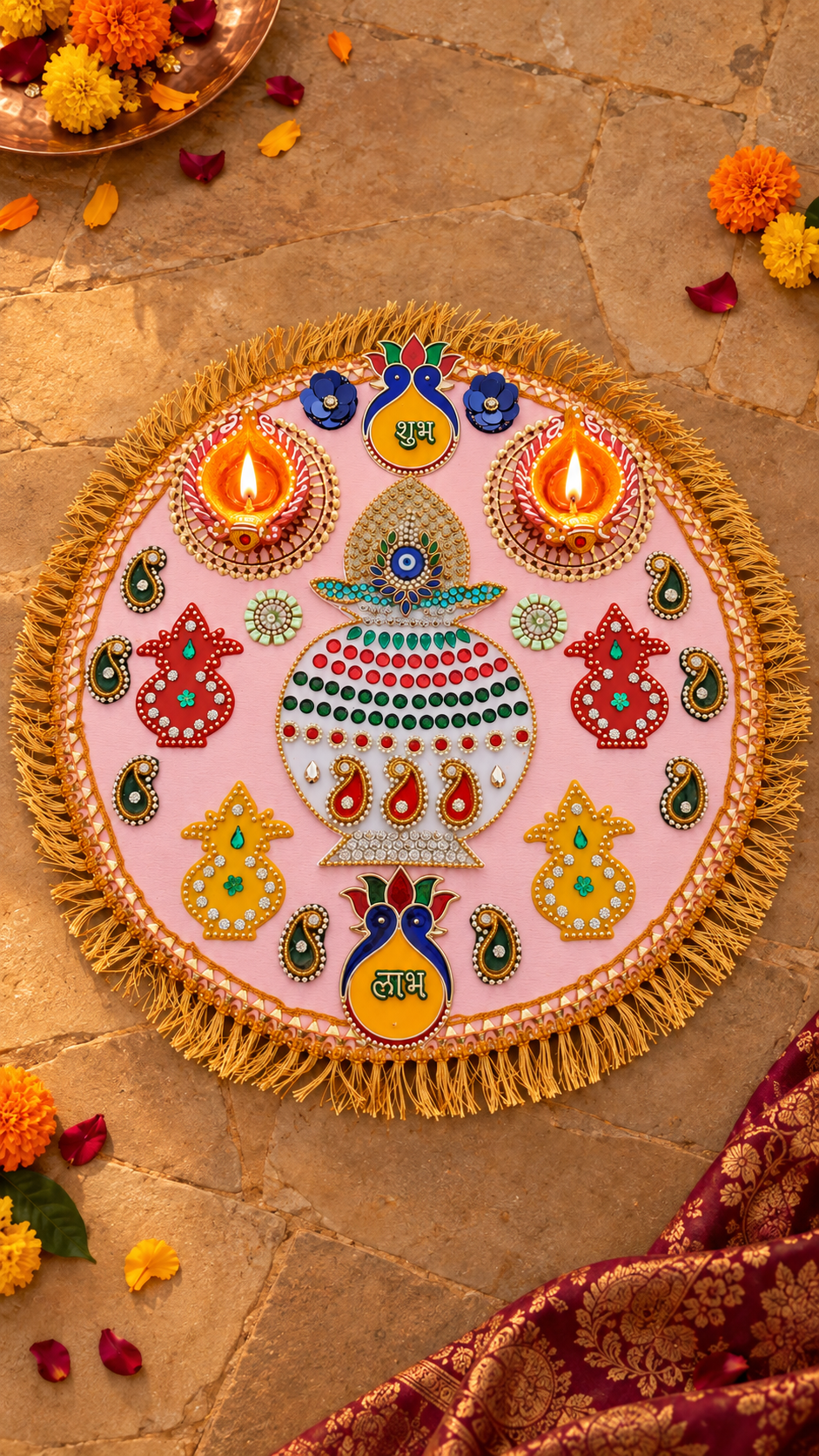 Kalash Blessings Rangoli – Handmade Diwali Decor with Diyas, 13 in
