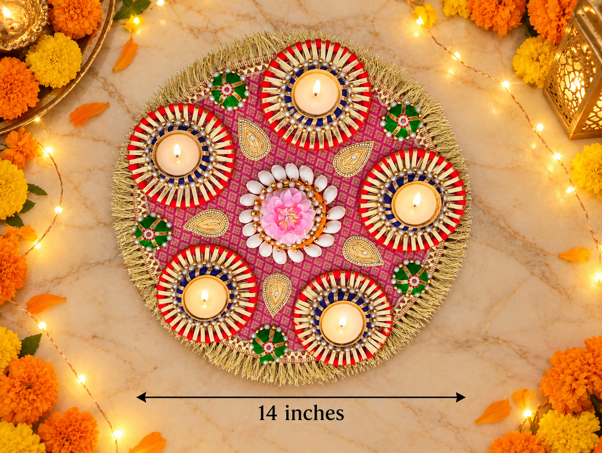 Rose Paisley Rangoli – Handmade Five-Light Diwali Centerpiece, 14 in