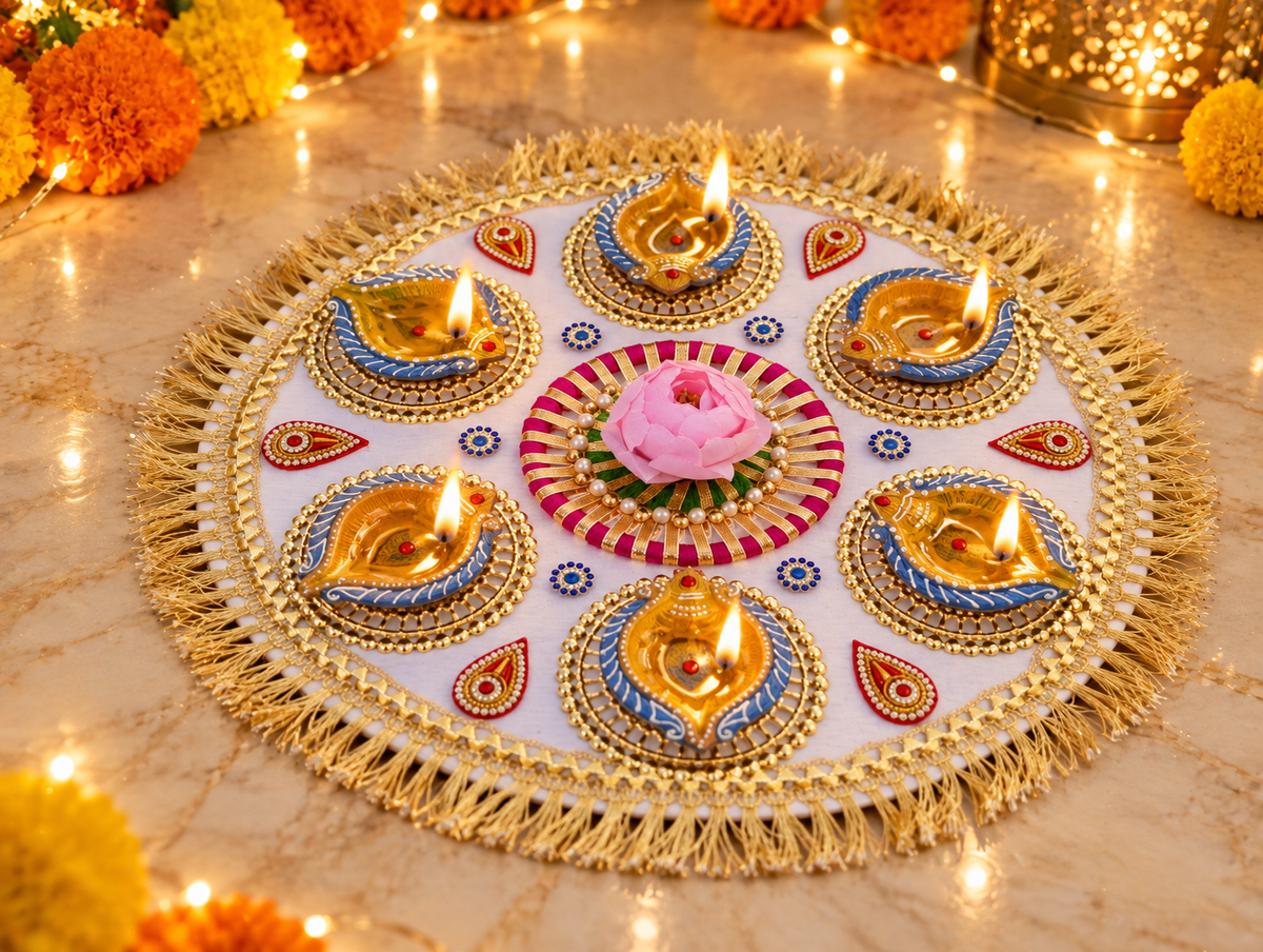 Blue Diya Bloom Rangoli – Handmade Six-Diya Diwali Floor Decor, 13 in