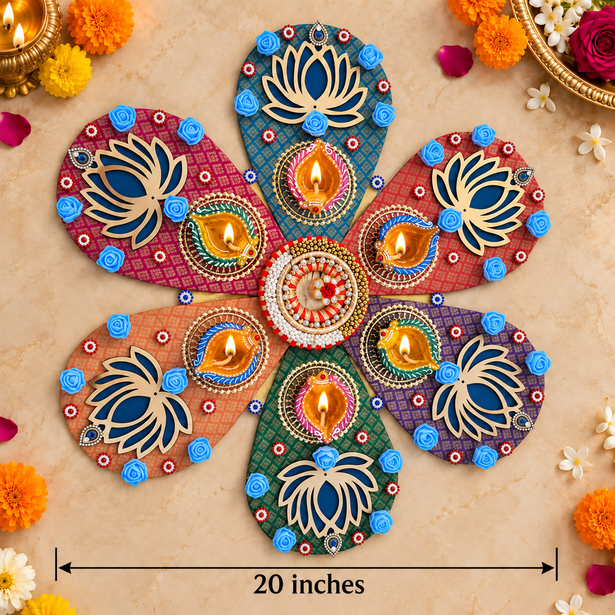 Lotus Petal Rangoli – Multicolor Handmade Diwali Decor with Diyas, 20 in