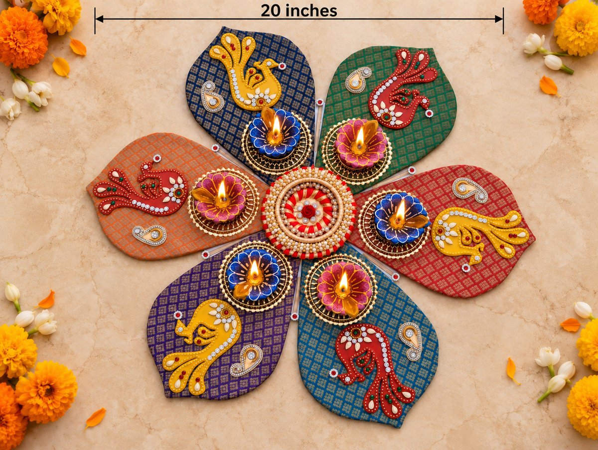 Peacock Petal Rangoli – Multicolor Handmade Diwali Decor with Diyas, 20 in