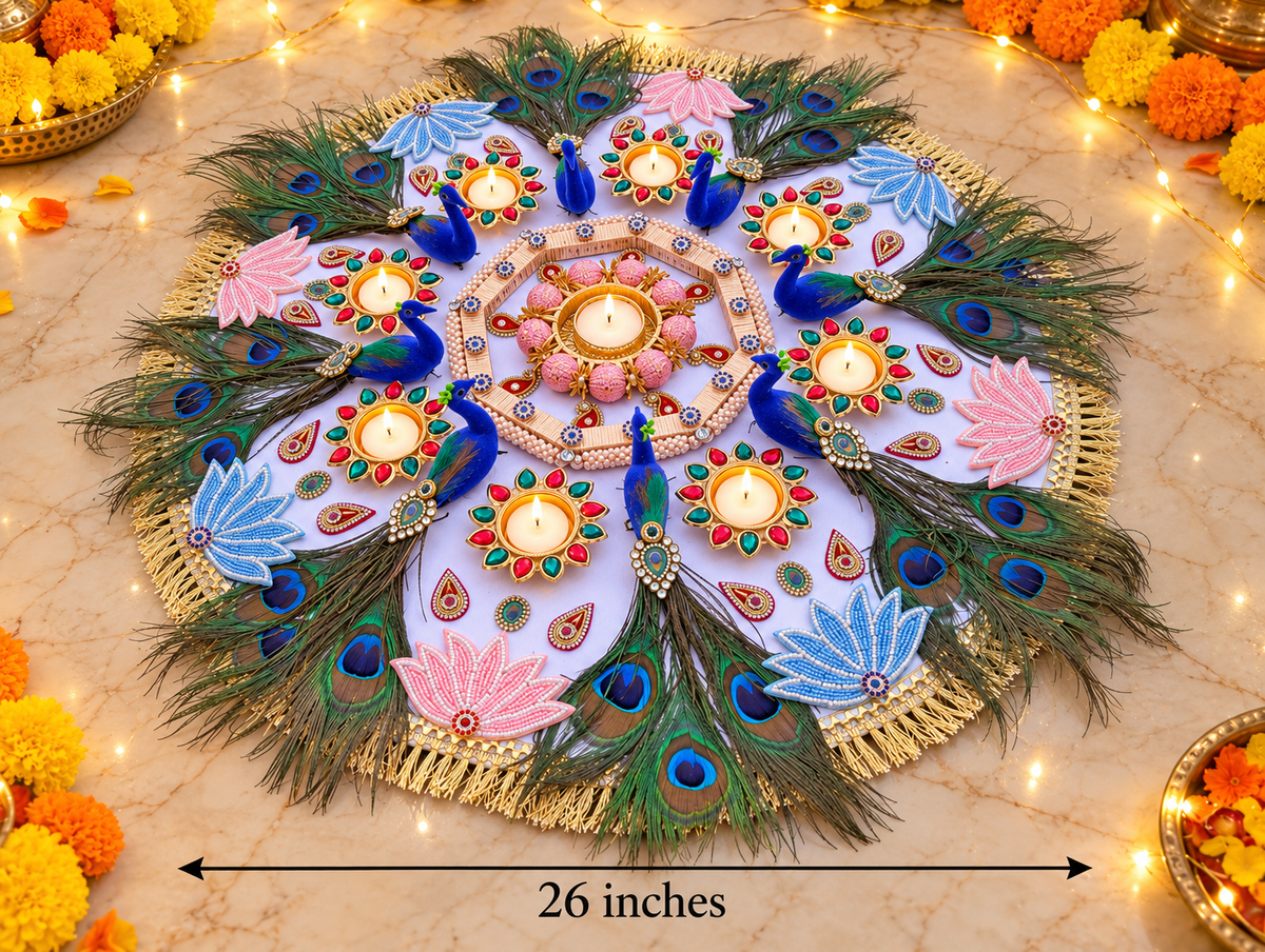 Grand Peacock Garden Rangoli – Lotus & Feather Diwali Centerpiece, 26 in