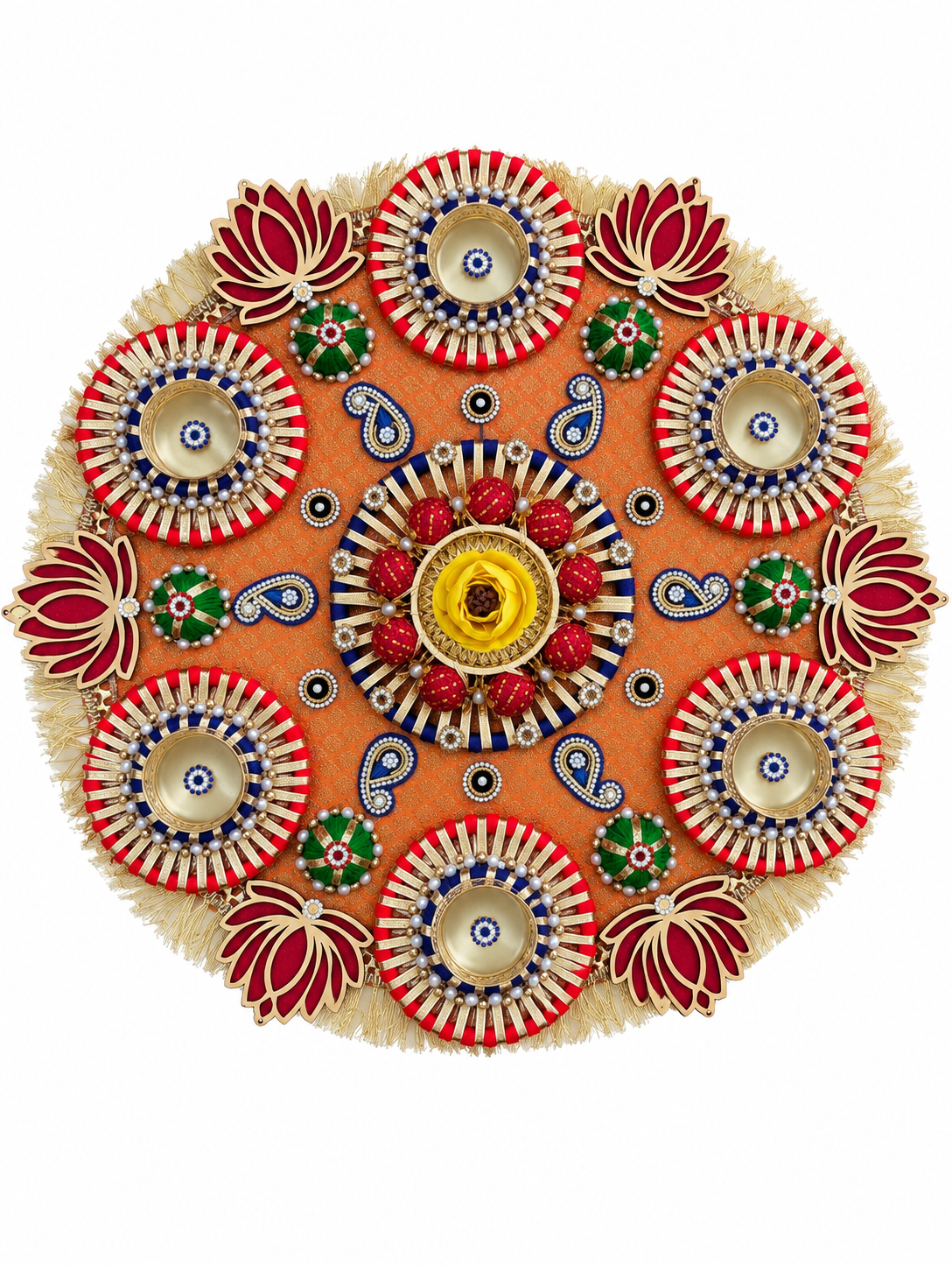 Lotus Radiance Rangoli – Orange & Gold Diwali Tealight Centerpiece, 17 in