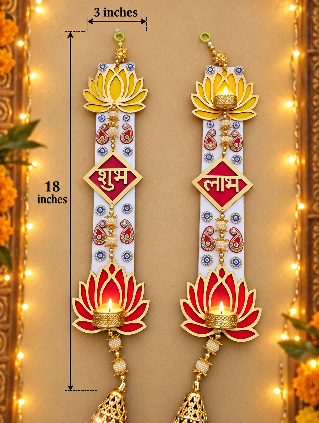 Shubh Labh Wall Hanging Pair – Handmade Lotus Diwali Door Decor, 3 × 18 in Each