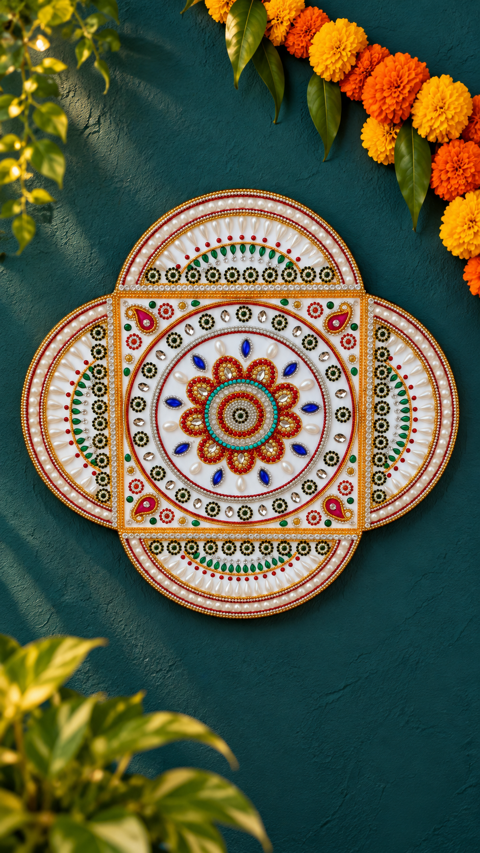 Royal Lotus Mandala Wall Art – Handmade Jeweled Diwali Wall Decor, 14 in