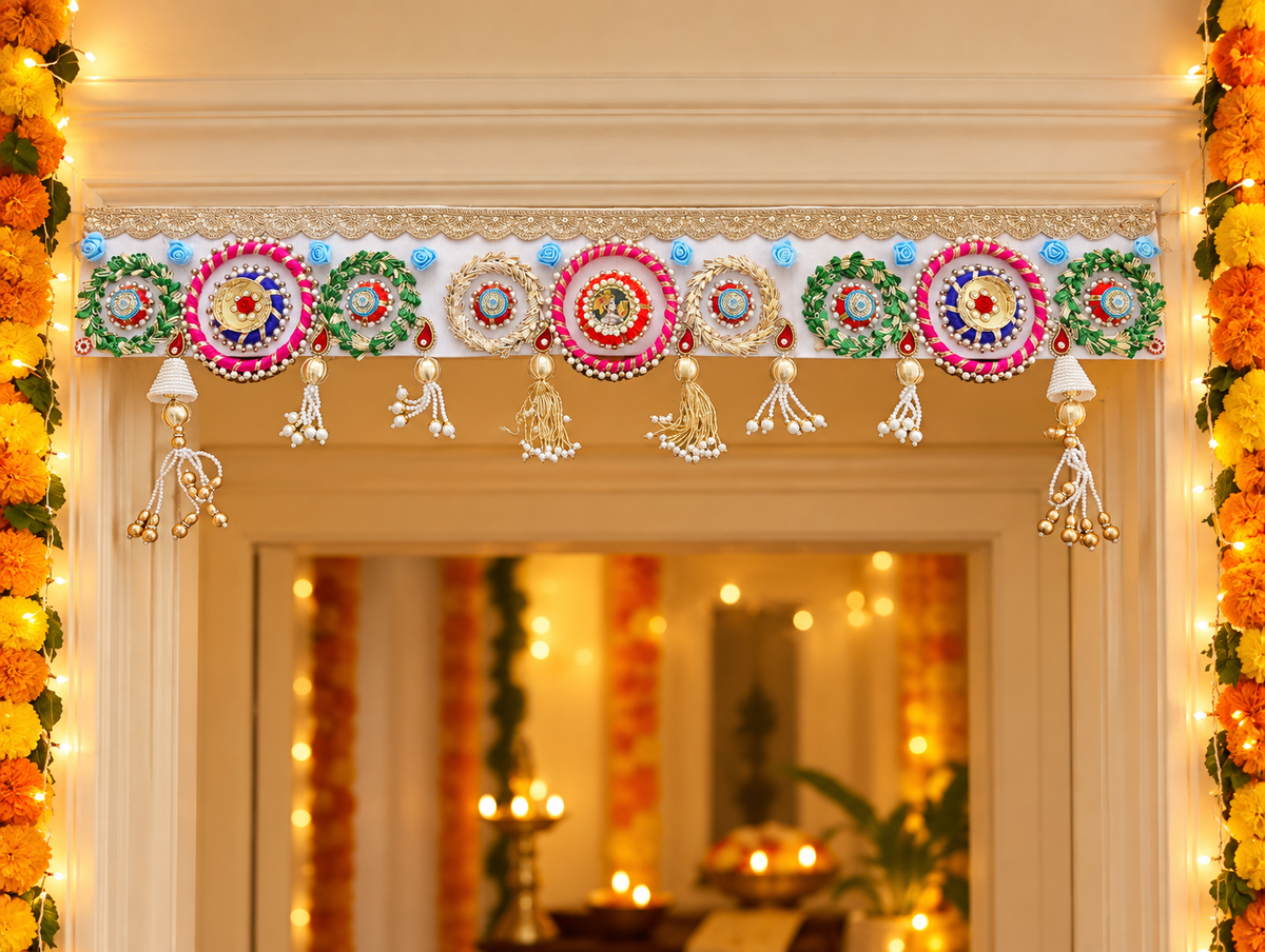 Jewel Garden Toran – Handmade Pink & Green Diwali Door Hanging, 36 × 5 in