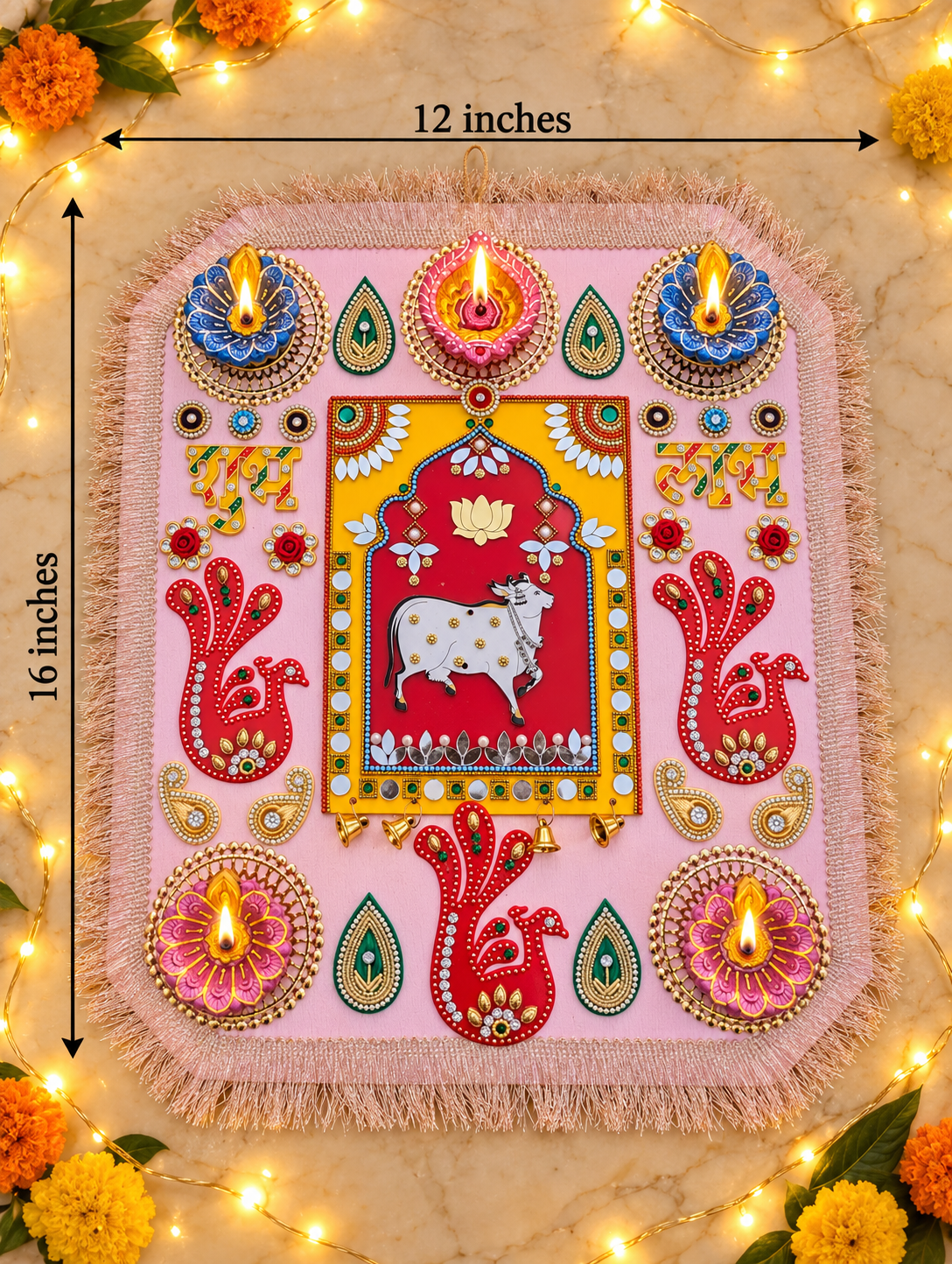 Sacred Cow Rangoli – Handmade Lotus & Paisley Diwali Diya Decor, 12 × 16 in