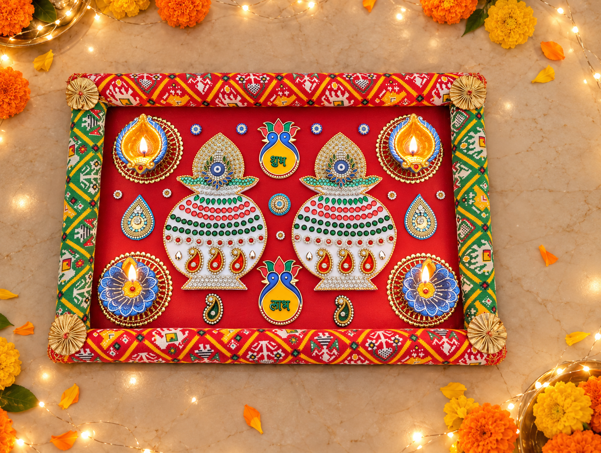Red Kalash Rangoli – Handmade Diwali Diya Decor, 18 × 12 in