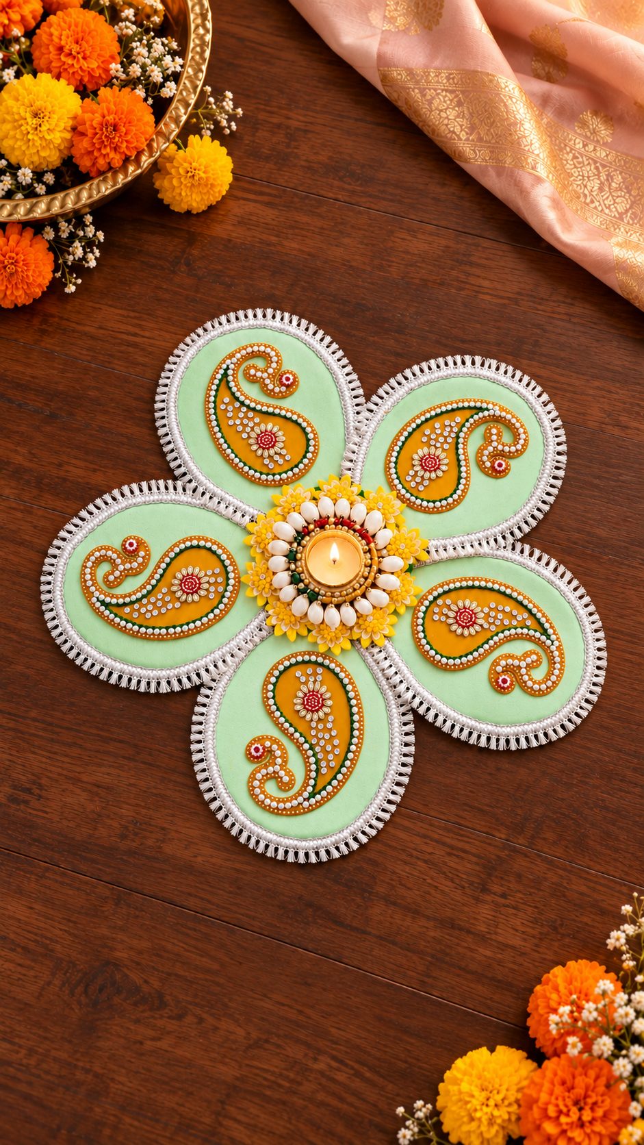 Light Green Paisley Rangoli – Handmade Five-Petal Diwali Tealight Decor, 19 in