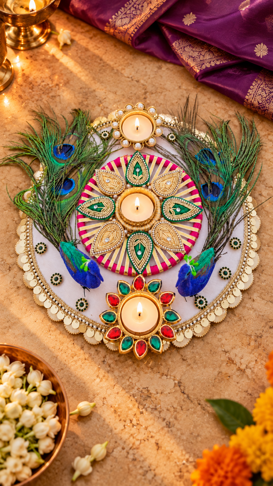 Peacock Feather Rangoli – Ivory Handmade Diwali Tealight Decor, 12 in