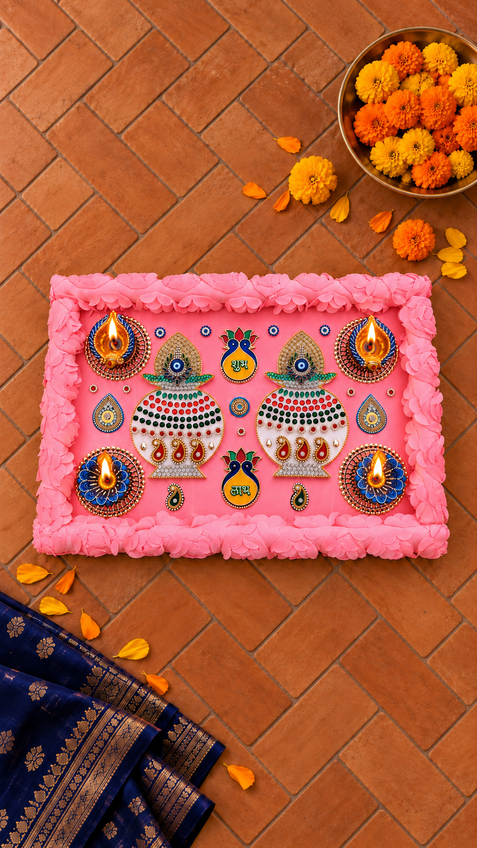 Pink Rose Kalash Rangoli – Handmade Kundan Diwali Diya Decor, 18 × 12 in