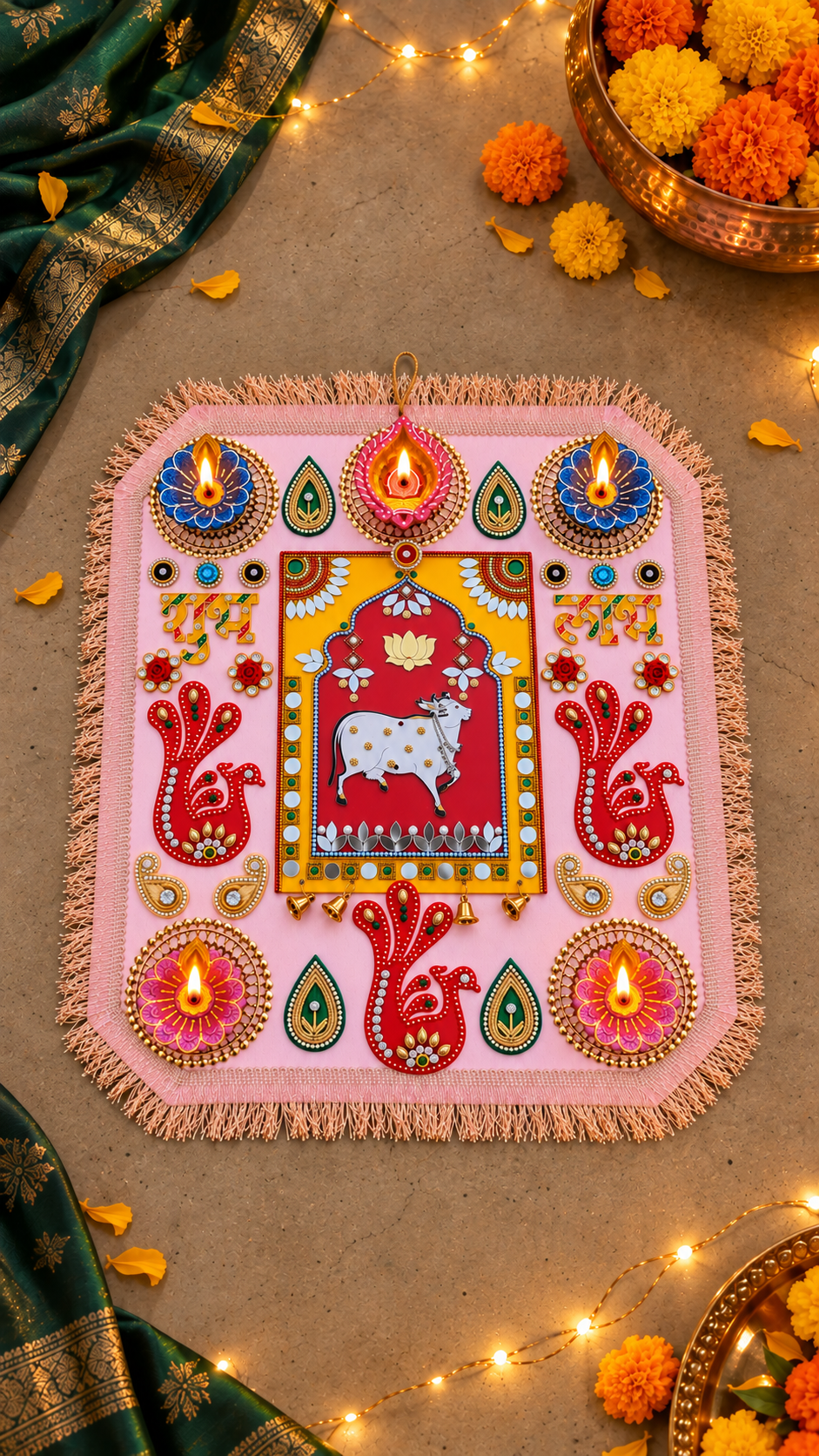 Sacred Cow Rangoli – Handmade Lotus & Paisley Diwali Diya Decor, 12 × 16 in
