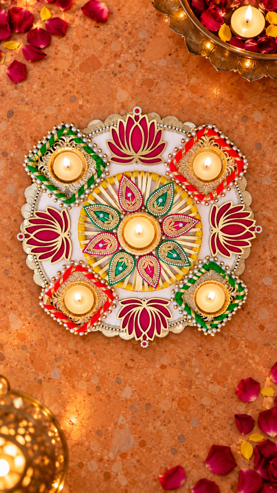 Lotus Celebration Rangoli – Red & Green Diwali Tealight Decor, 12 in