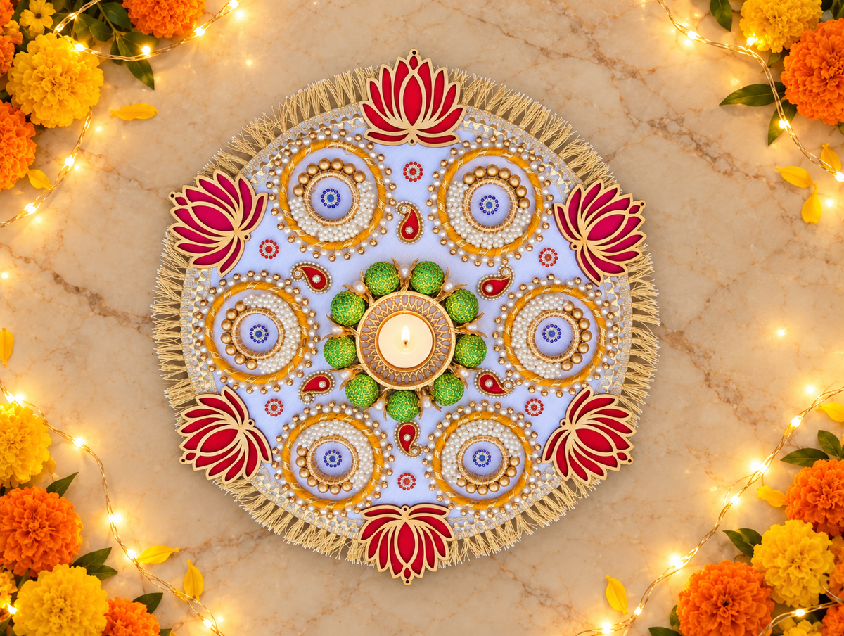 Lotus Halo Rangoli – Ivory & Gold Diwali Tealight Centerpiece, 14 in