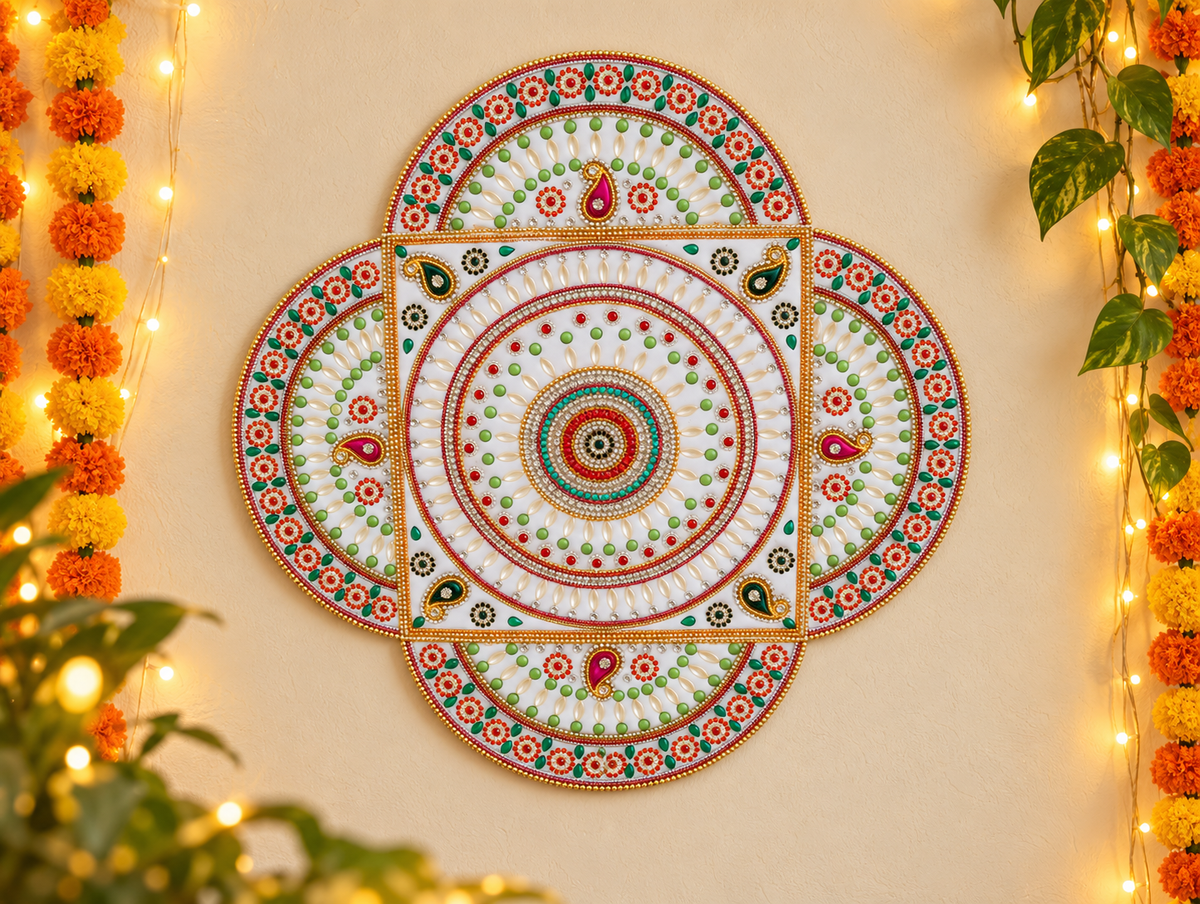 Emerald Mandala Wall Art – Handmade Jeweled Diwali Wall Decor, 14 in