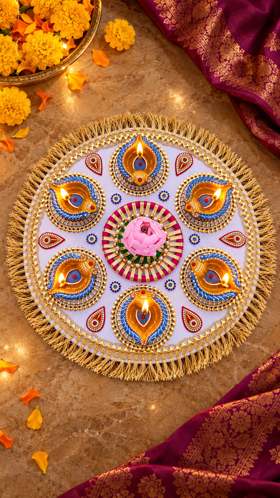 Blue Diya Bloom Rangoli – Handmade Six-Diya Diwali Floor Decor, 13 in