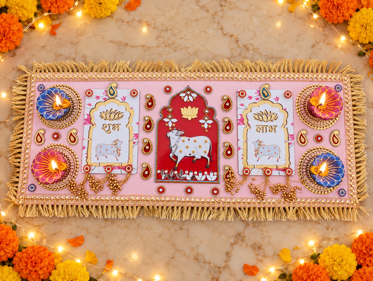 Sacred Cow & Shubh Labh Rangoli – Diwali Diya Decor, 24 × 10 in