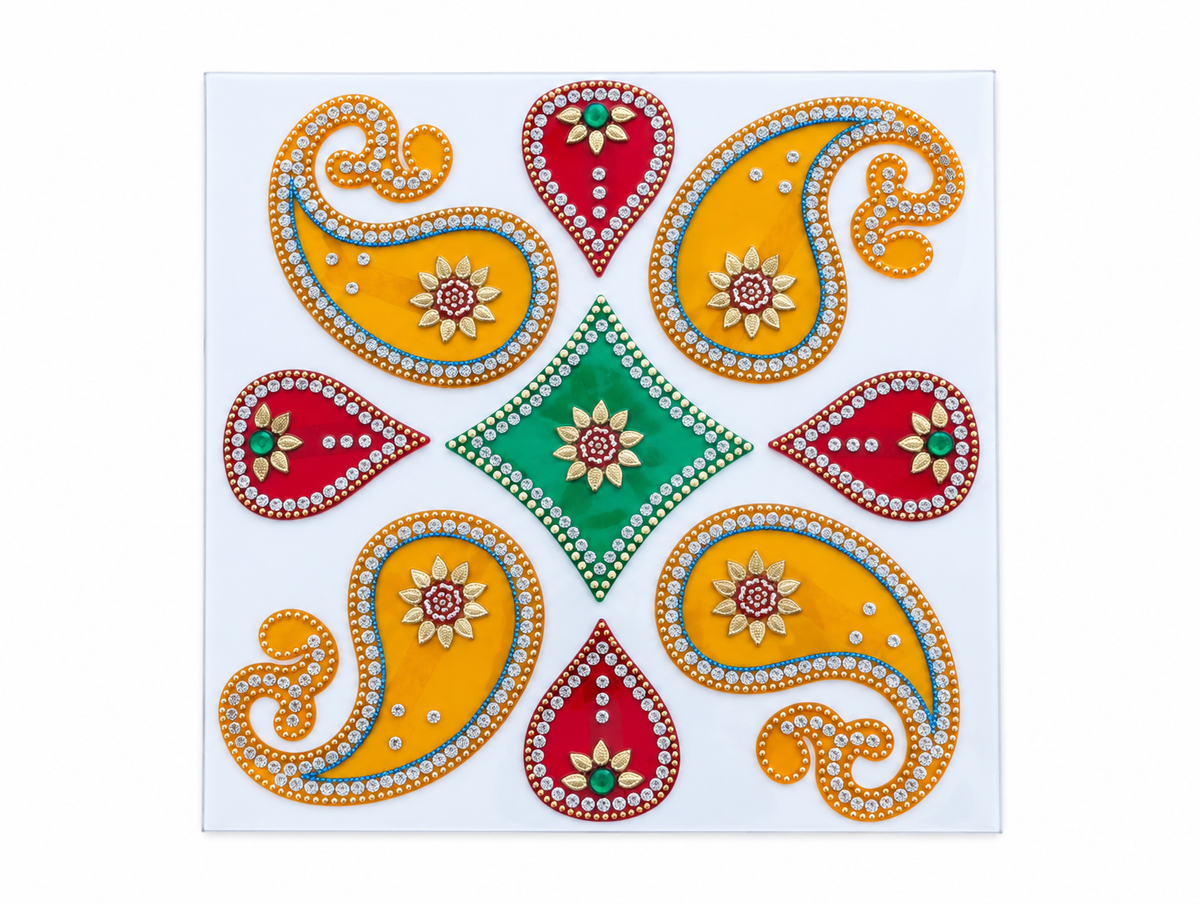 Paisley Jewel Rangoli – Colorful Square Diwali Decoration, 11 × 11 in