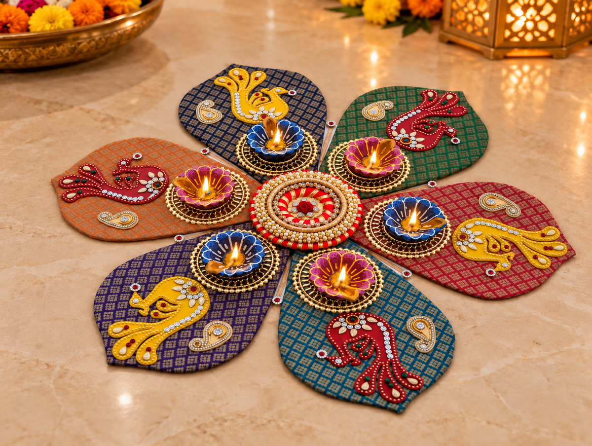 Peacock Petal Rangoli – Multicolor Handmade Diwali Decor with Diyas, 20 in