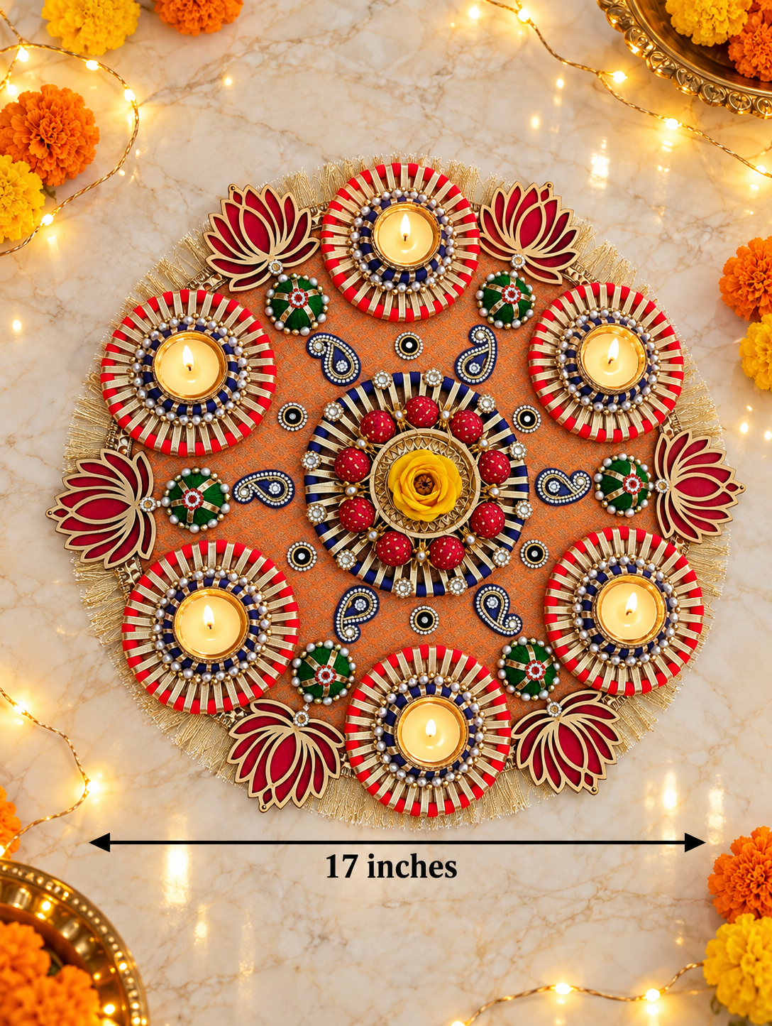 Lotus Radiance Rangoli – Orange & Gold Diwali Tealight Centerpiece, 17 in