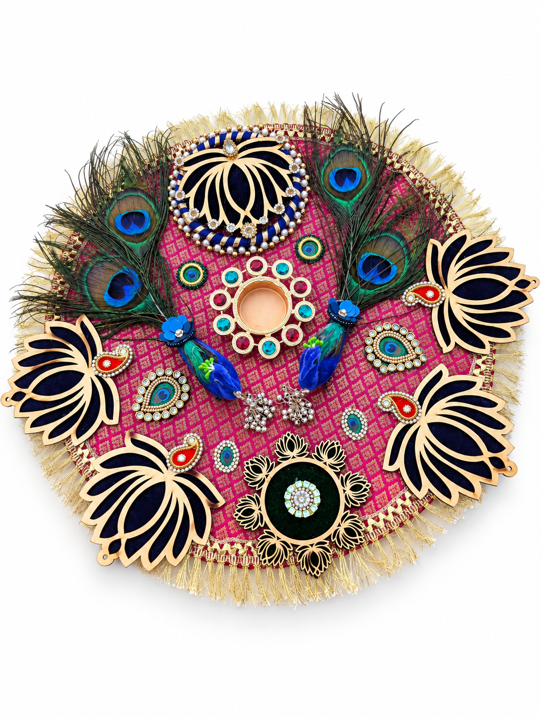 Peacock & Lotus Rangoli – Handmade Diwali Tealight Centerpiece, 16 in