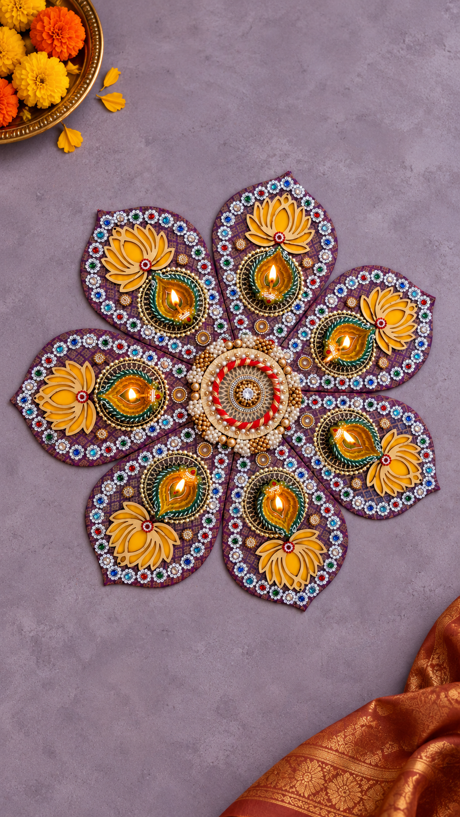 Lotus & Paisley Rangoli – Purple Seven-Petal Diwali Diya Decor, 20 in
