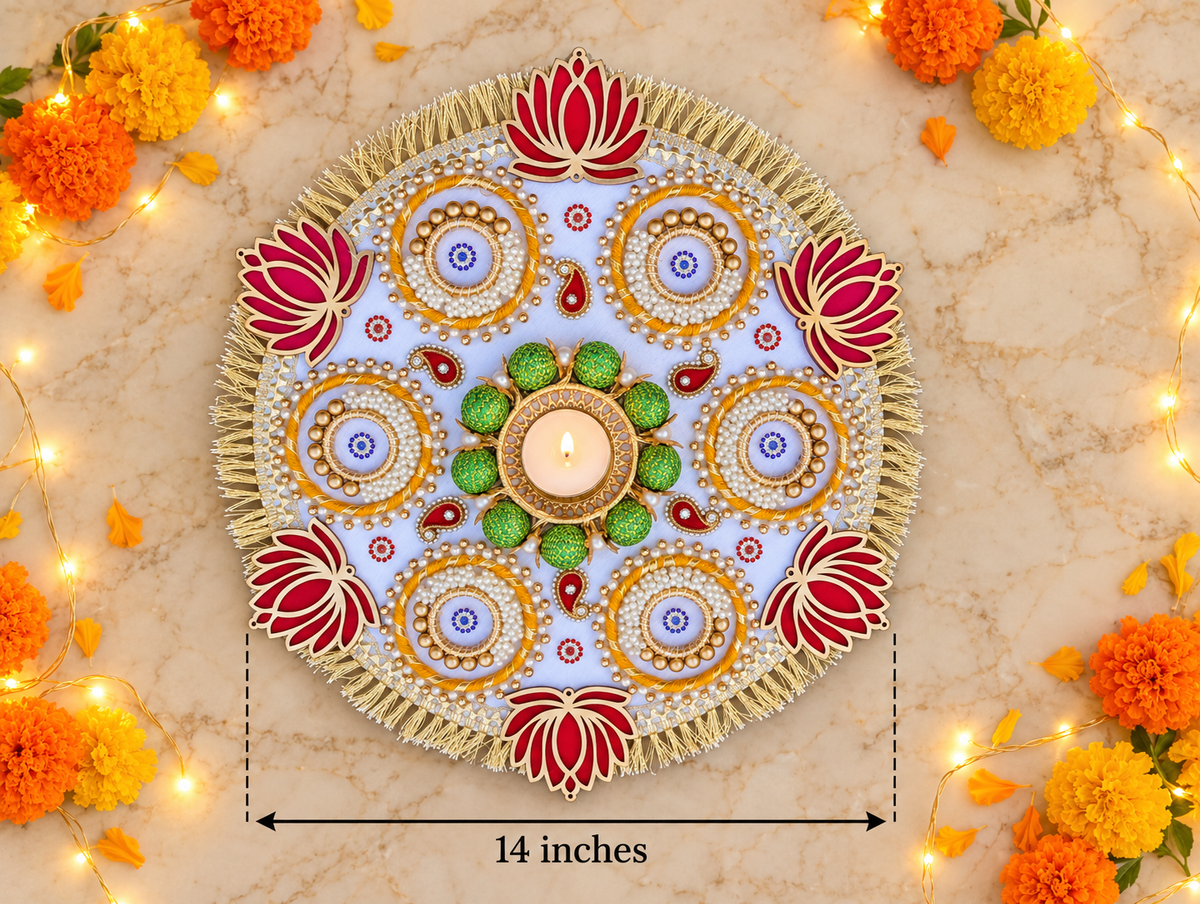 Lotus Halo Rangoli – Ivory & Gold Diwali Tealight Centerpiece, 14 in