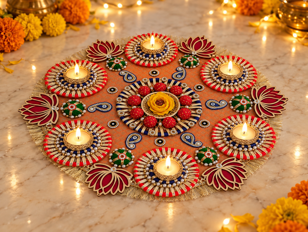 Lotus Radiance Rangoli – Orange & Gold Diwali Tealight Centerpiece, 17 in