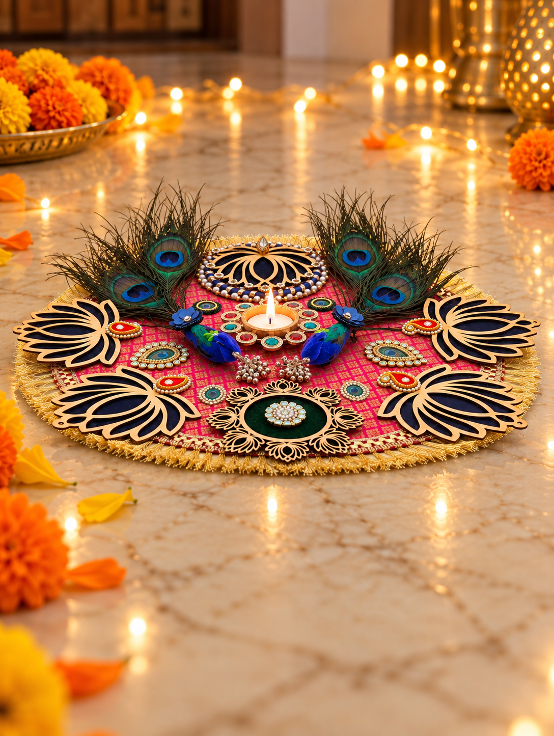 Peacock & Lotus Rangoli – Handmade Diwali Tealight Centerpiece, 16 in