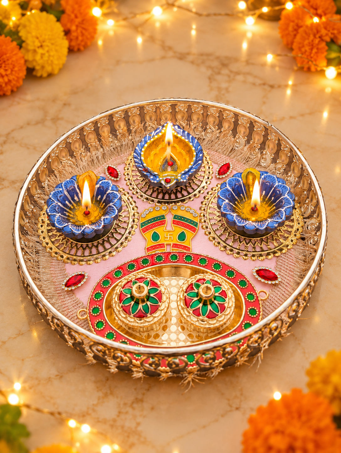 Jeweled Aarti Thali – Handmade Decorated Metal Puja Plate, 9 in