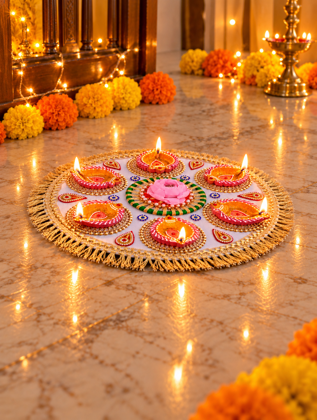 Pink Diya Bloom Rangoli – Handmade Six-Diya Diwali Floor Decor, 13 in