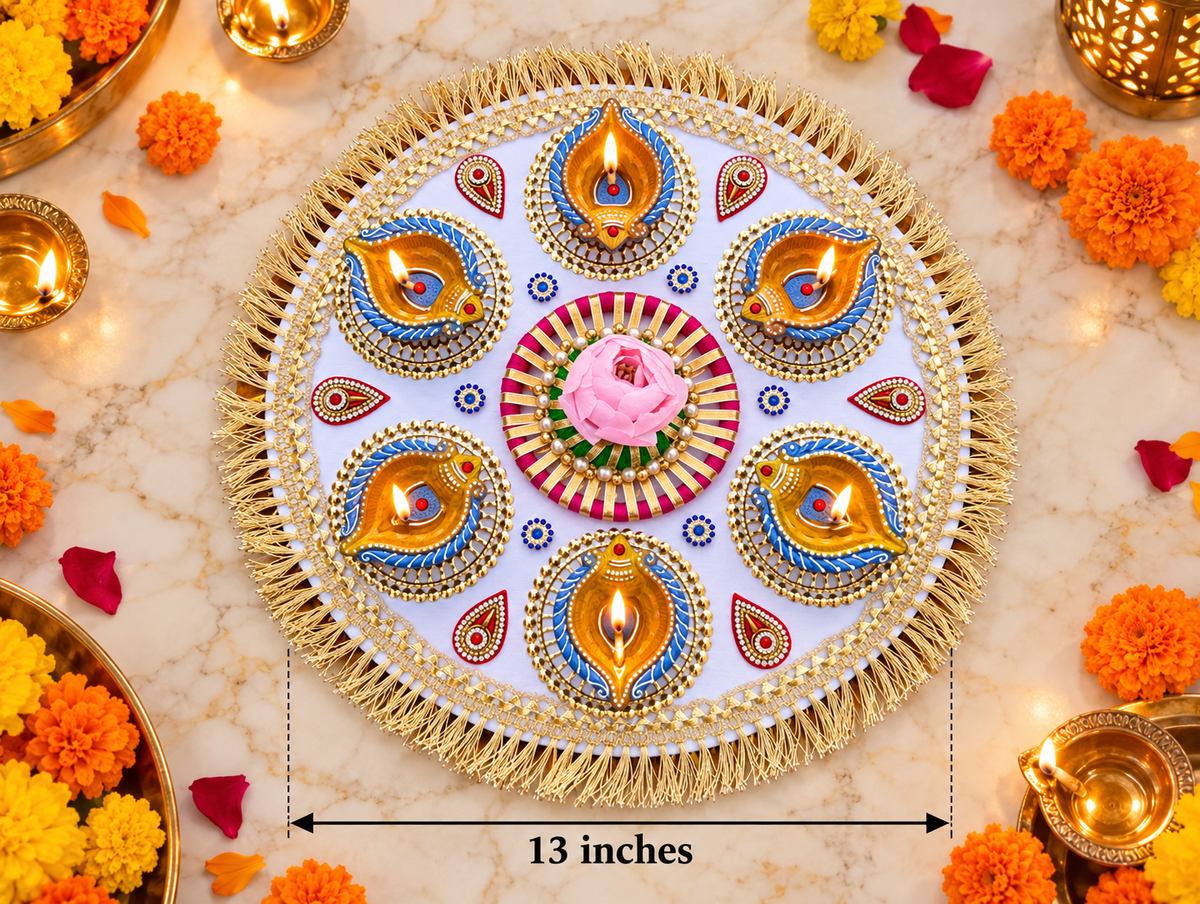 Blue Diya Bloom Rangoli – Handmade Six-Diya Diwali Floor Decor, 13 in