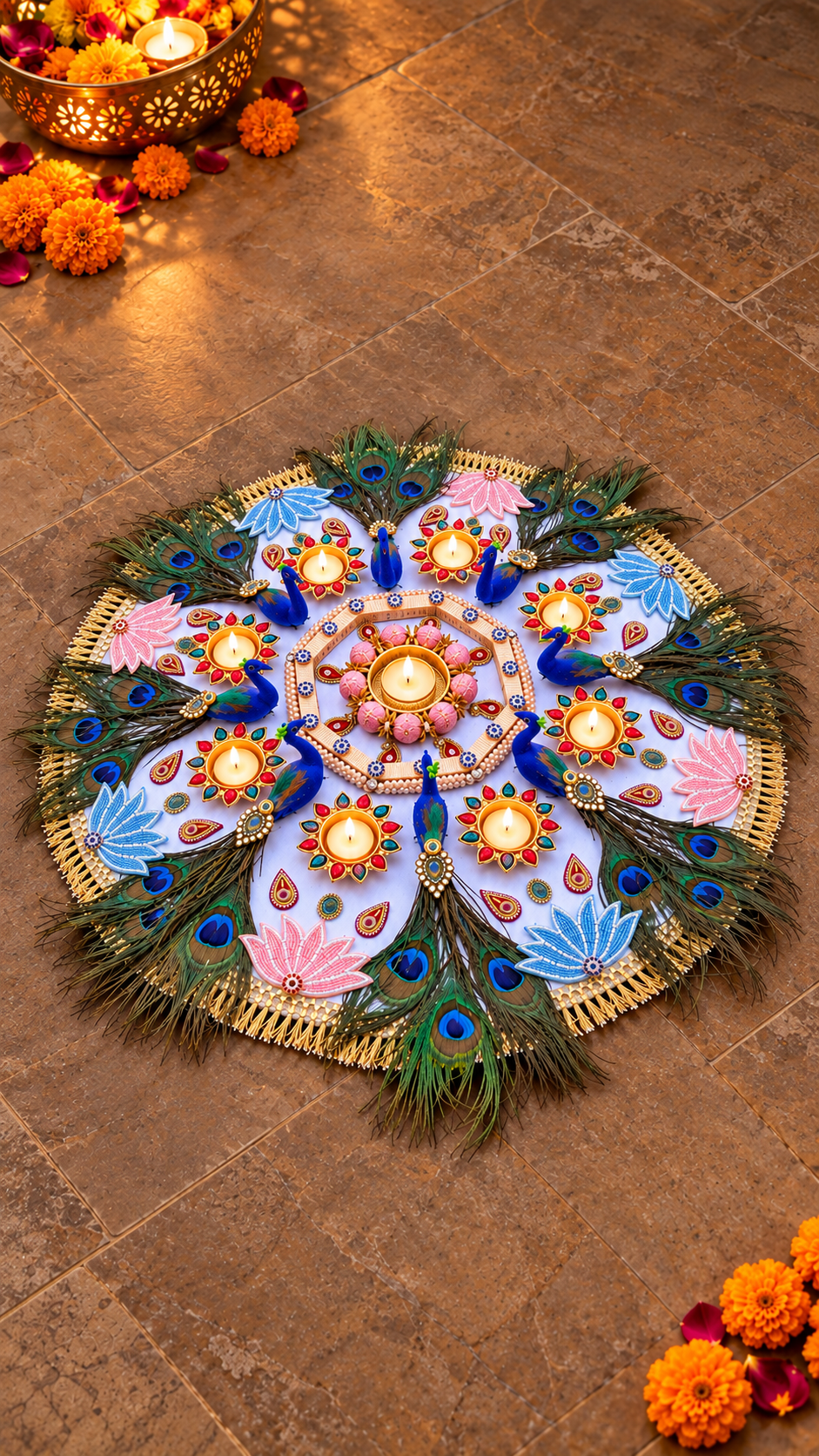Grand Peacock Garden Rangoli – Lotus & Feather Diwali Centerpiece, 26 in