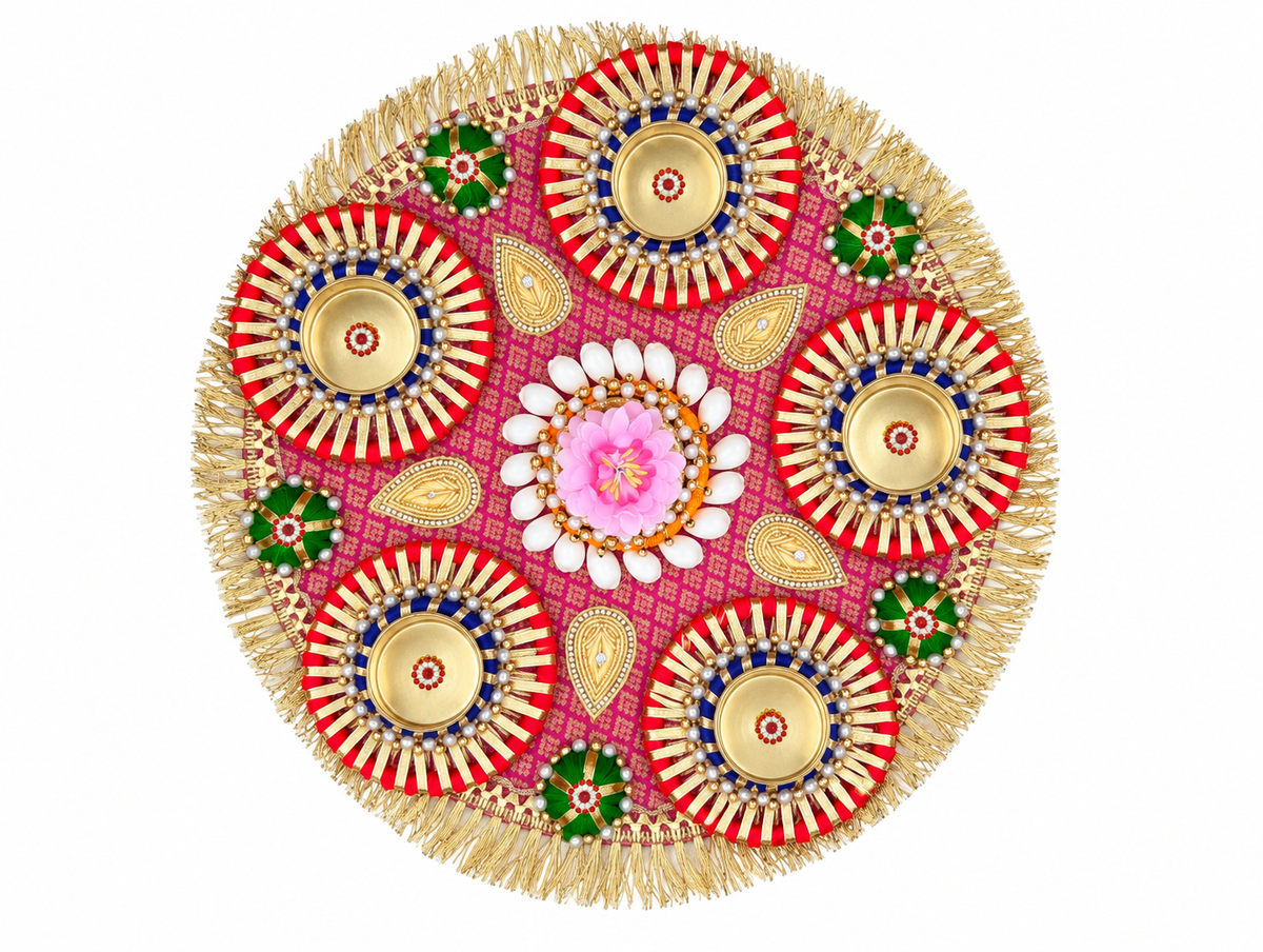 Rose Paisley Rangoli – Handmade Five-Light Diwali Centerpiece, 14 in
