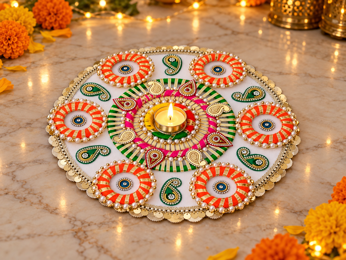 Marigold Glow Rangoli – Orange & Ivory Diwali Tealight Centerpiece, 12 in