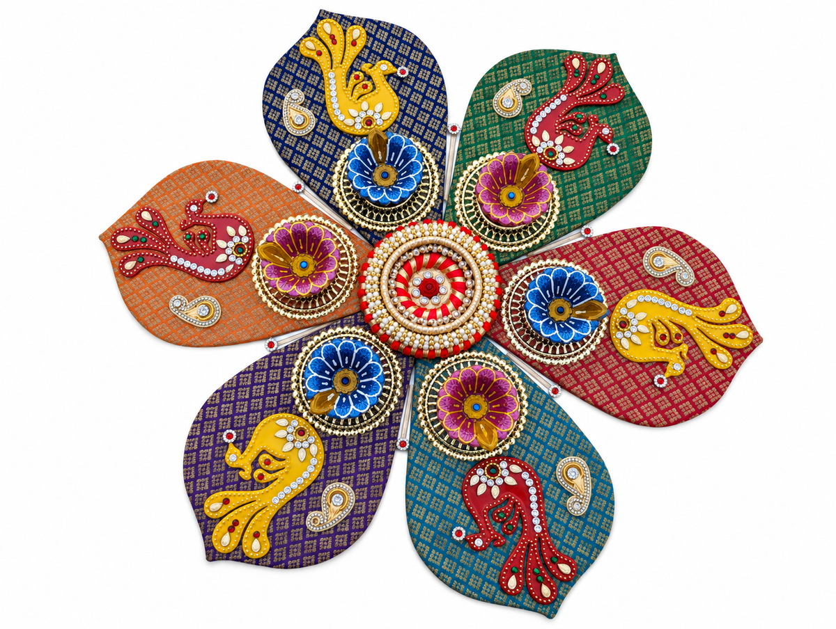 Peacock Petal Rangoli – Multicolor Handmade Diwali Decor with Diyas, 20 in