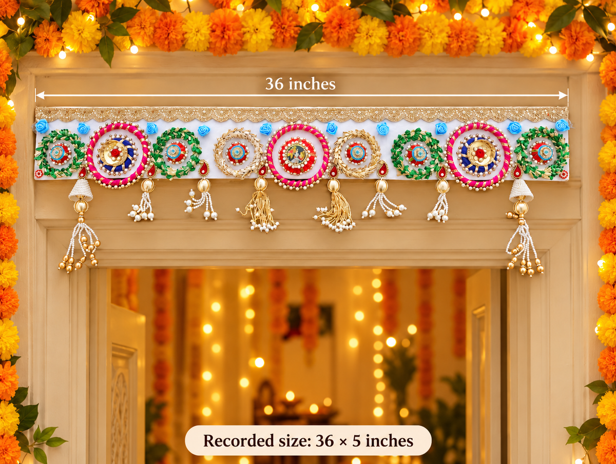 Jewel Garden Toran – Handmade Pink & Green Diwali Door Hanging, 36 × 5 in