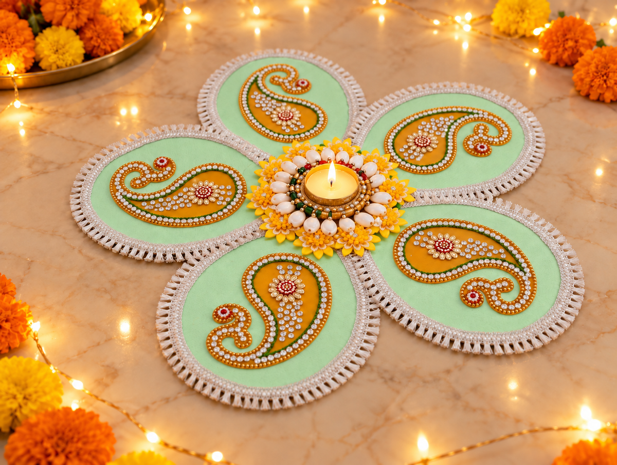 Light Green Paisley Rangoli – Handmade Five-Petal Diwali Tealight Decor, 19 in