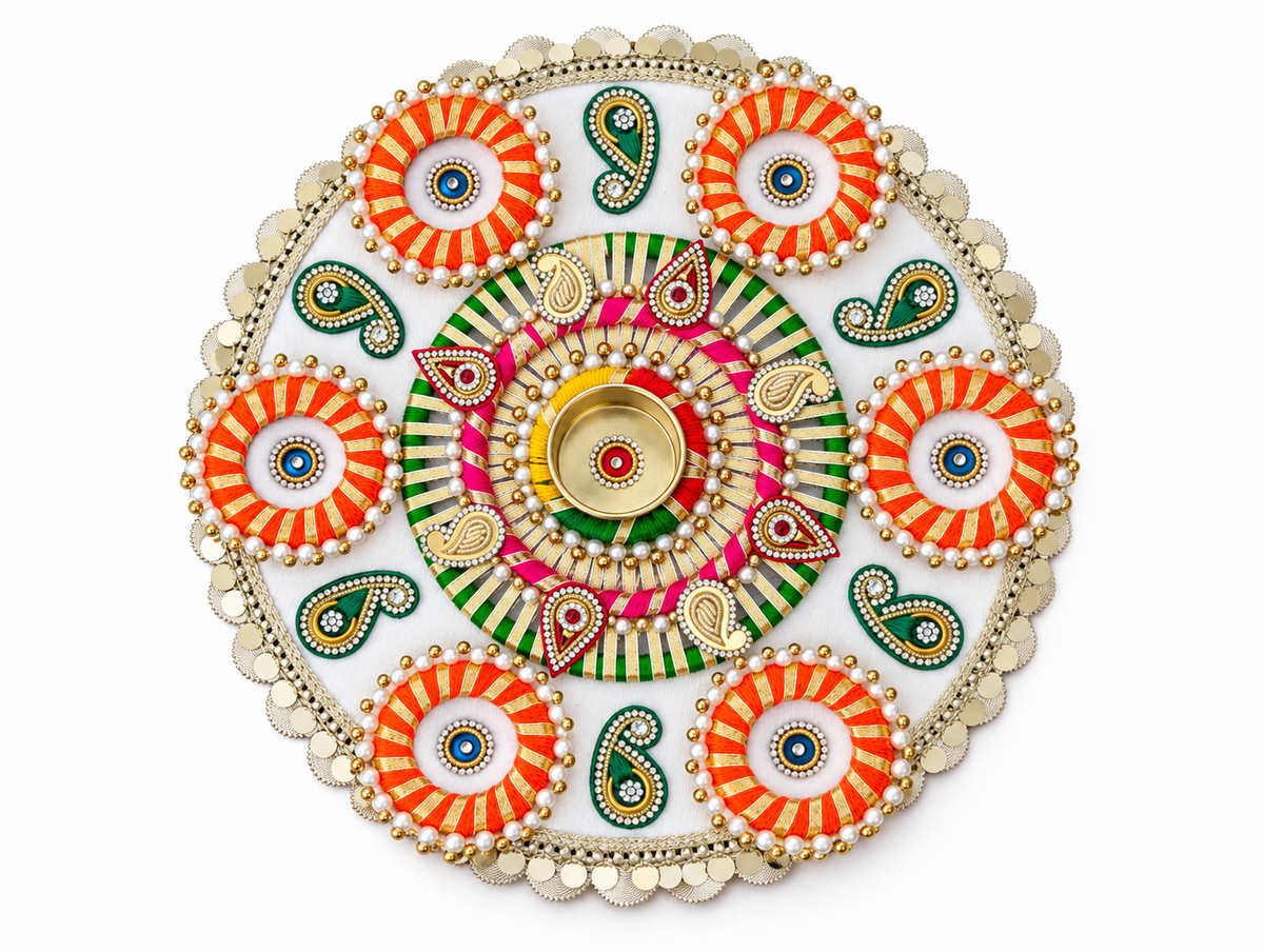 Marigold Glow Rangoli – Orange & Ivory Diwali Tealight Centerpiece, 12 in
