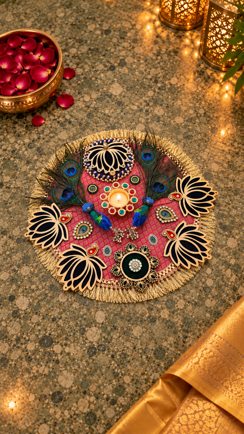 Peacock & Lotus Rangoli – Handmade Diwali Tealight Centerpiece, 16 in