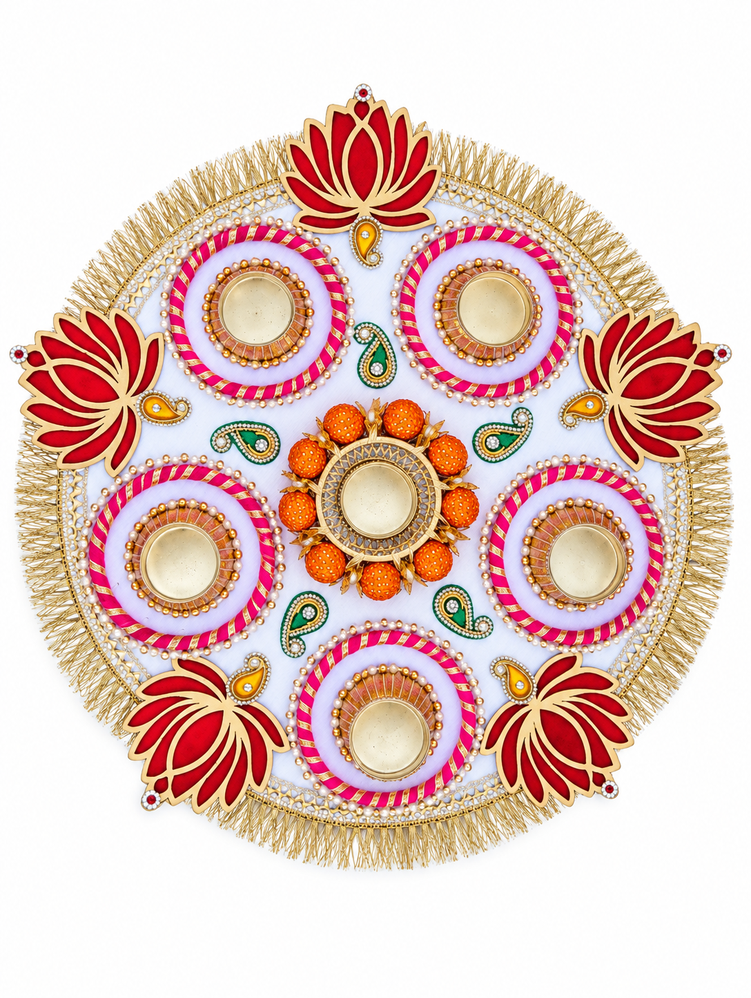 Crimson Lotus Rangoli – Round Diwali Tealight Centerpiece, 17 in