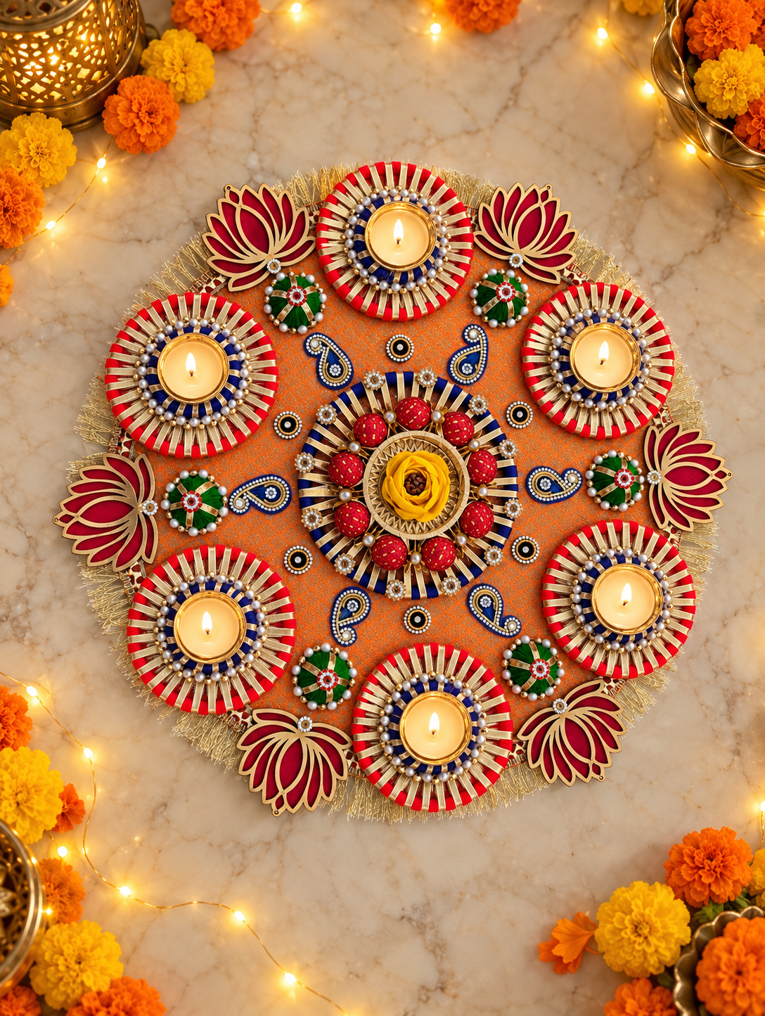 Lotus Radiance Rangoli – Orange & Gold Diwali Tealight Centerpiece, 17 in