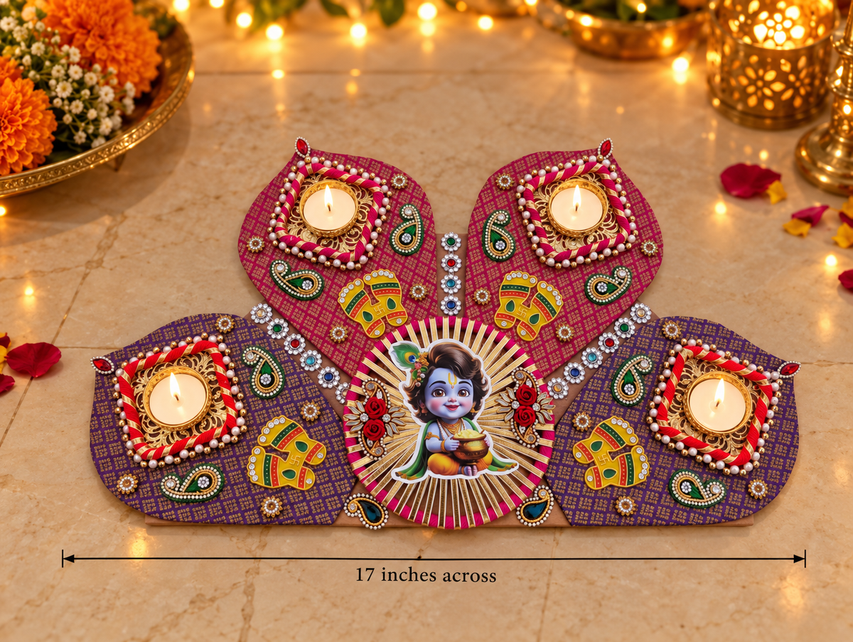Little Krishna Rangoli – Magenta & Purple Half-Circle Diwali Tealight Decor, 17 in