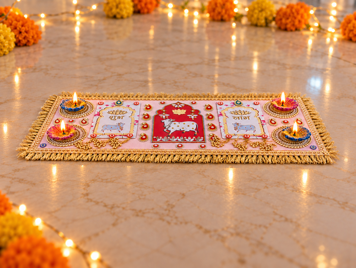 Sacred Cow & Shubh Labh Rangoli – Diwali Diya Decor, 24 × 10 in