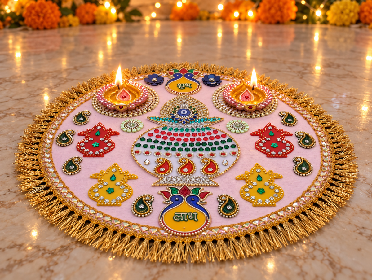 Kalash Blessings Rangoli – Handmade Diwali Decor with Diyas, 13 in