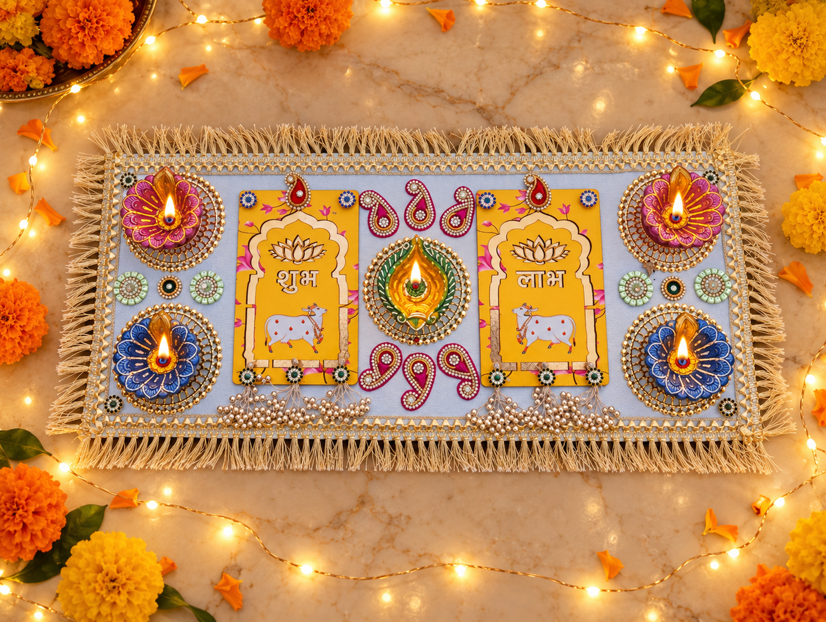 Shubh Labh Cow Rangoli – Handmade Diwali Diya Decor, 23 × 9 in